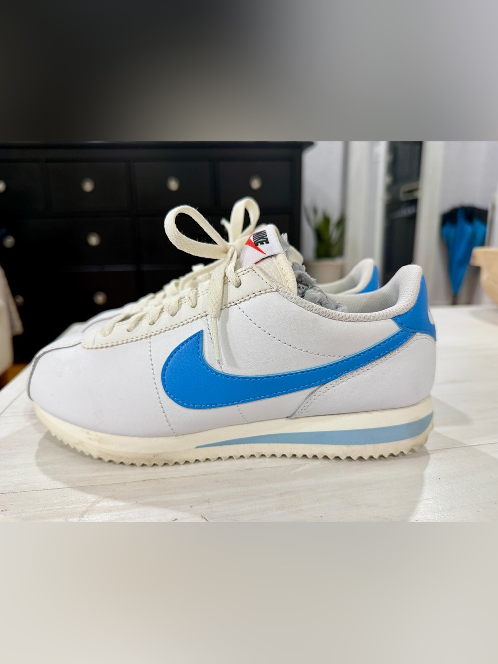 Nike White Retro Runner with Blue Swoosh
